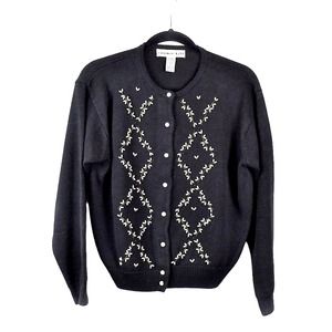 Vintage Summit Hill Black Knit Pearl Gold Beaded Cardigan Sweater Womens Size M